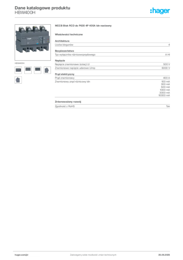 Zdjęcie Hager Karta katalogowa HBW400H | Hager Polska