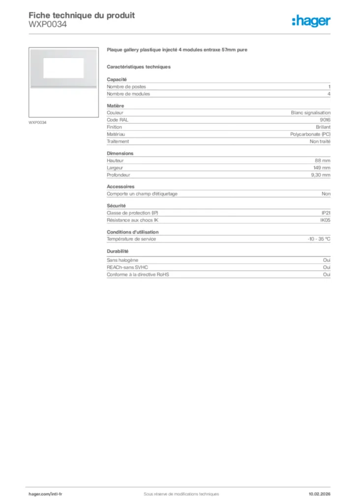 Image Hager Fiche technique du produit WXP0034 | Hager Afrique