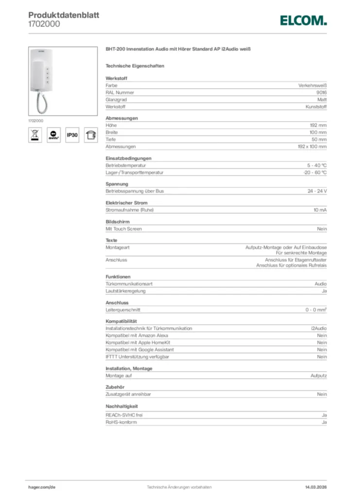 Bild Elcom Produktdatenblatt 1702000 | Hager Deutschland