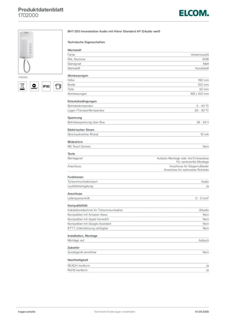 Bild Elcom Produktdatenblatt 1702000 | Hager Deutschland