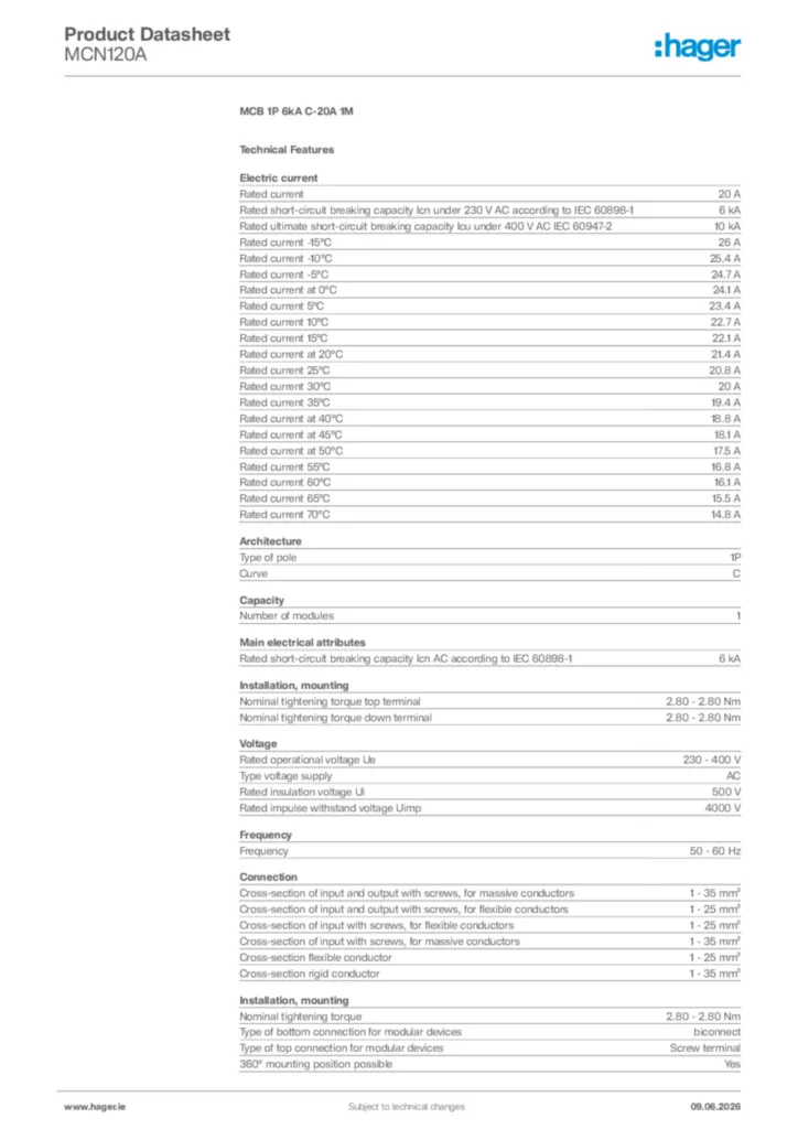 Image Hager Product data sheet MCN120A  | Hager