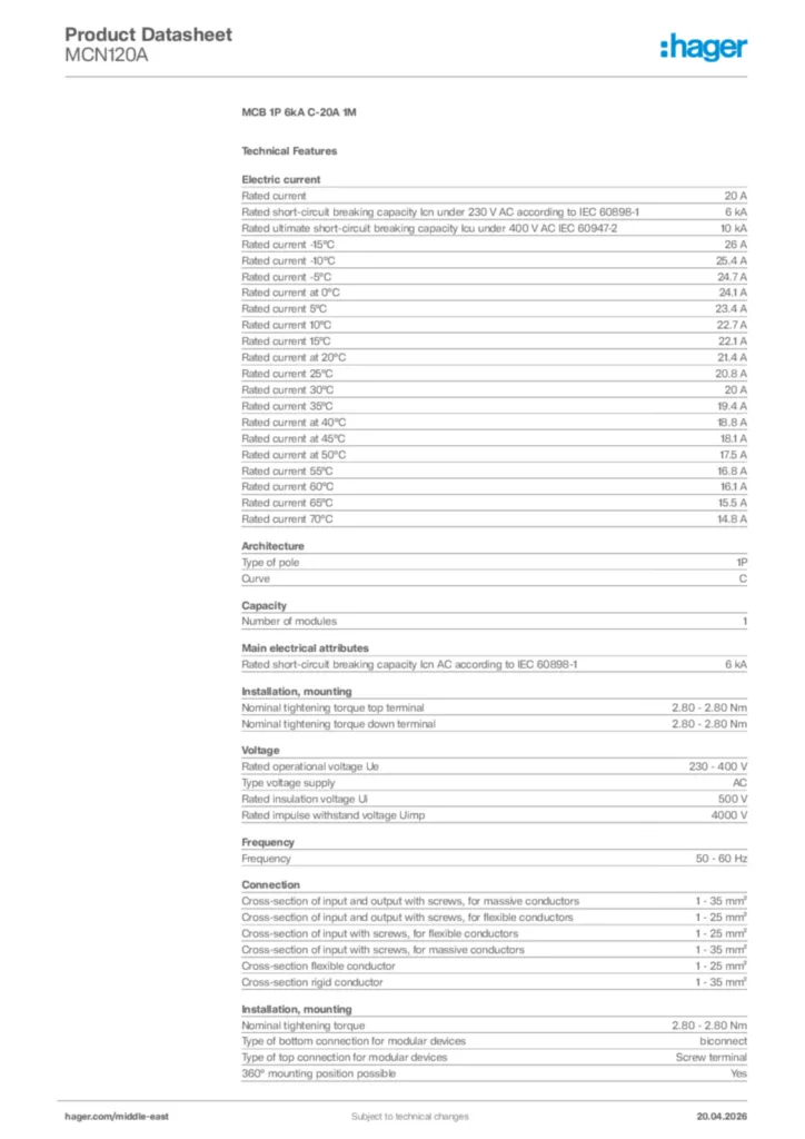 Image Hager Product data sheet MCN120A  | Hager