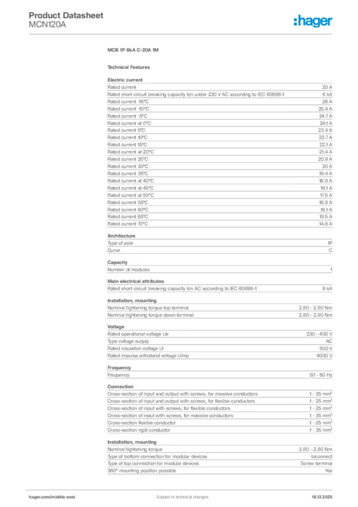 Image Hager Product data sheet MCN120A  | Hager