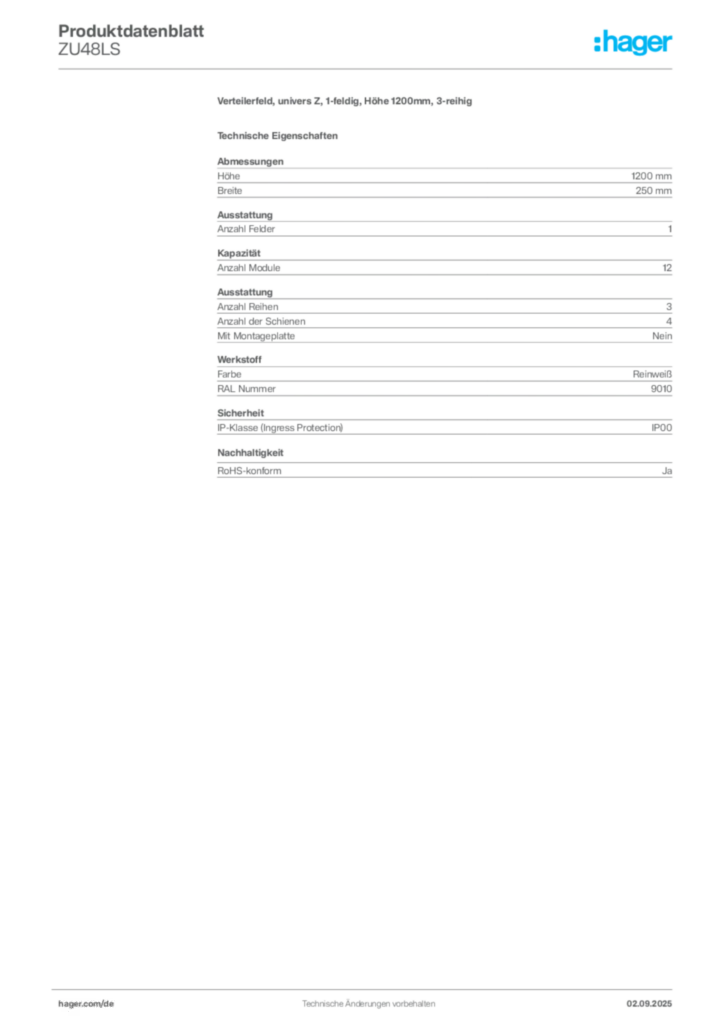 Bild Hager Produktdatenblatt ZU48LS | Hager Deutschland