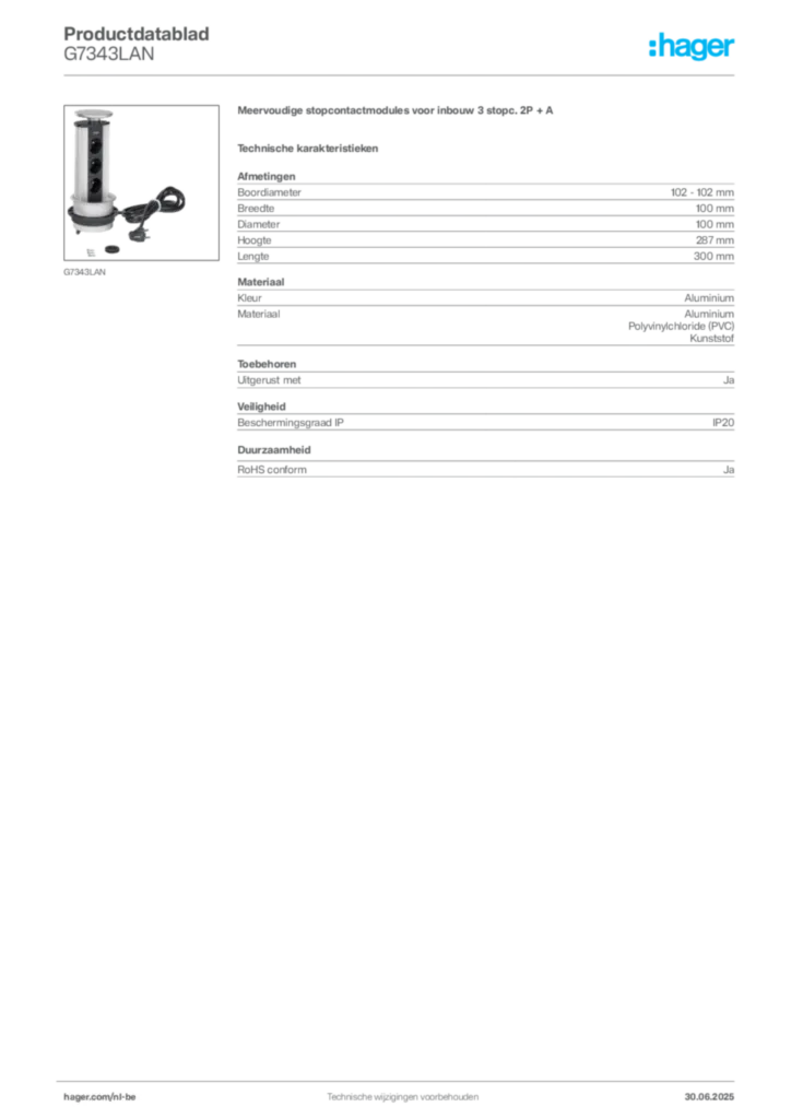 Afbeelding Hager Productdatablad G7343LAN | Hager Belgium