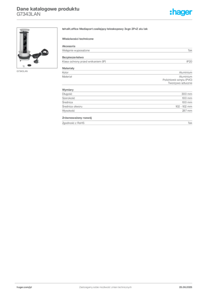 Zdjęcie Hager Karta katalogowa G7343LAN | Hager Polska