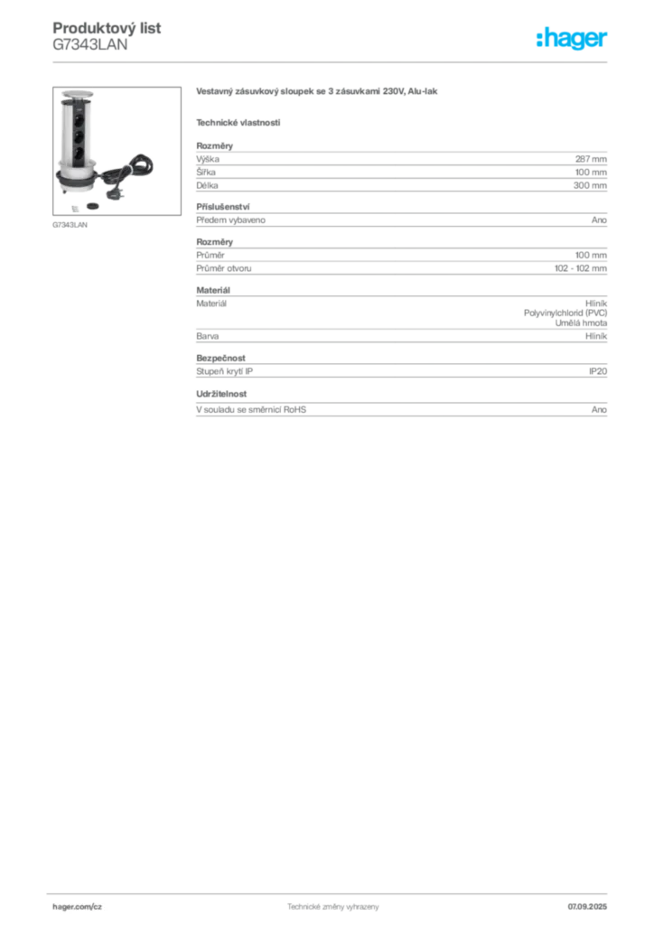 Obrázek Hager Produktový list G7343LAN | Hager