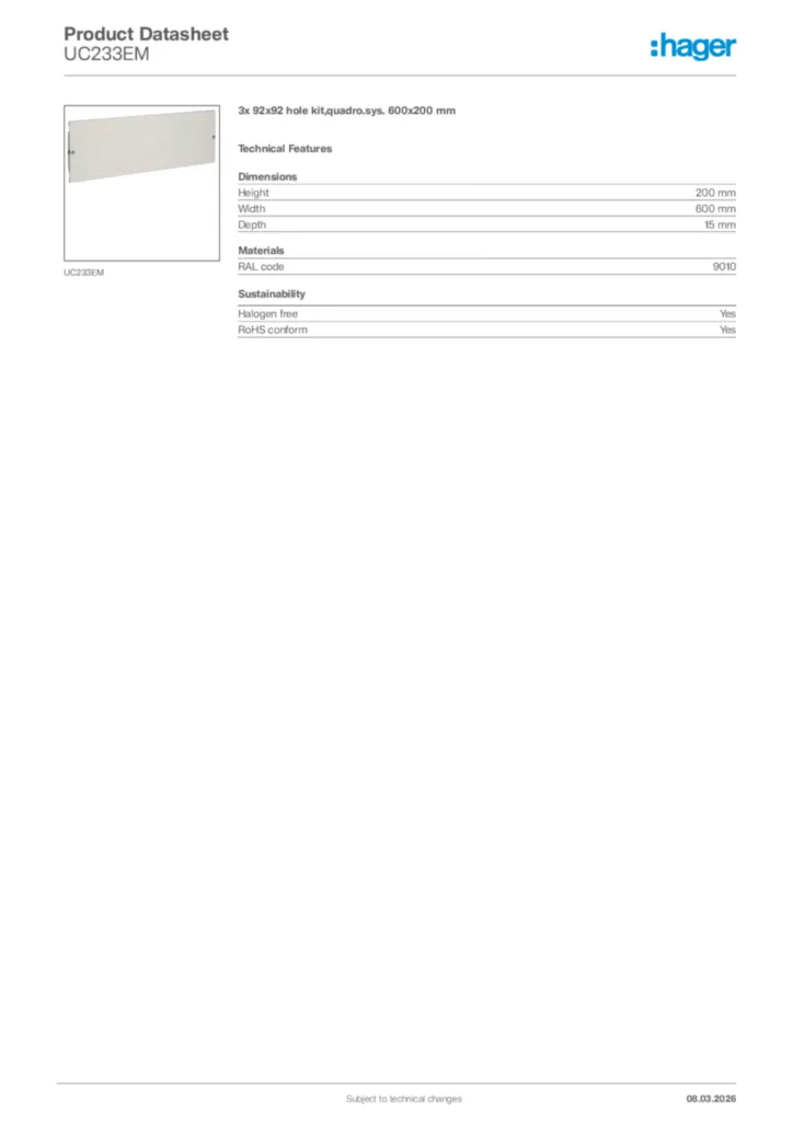 Image Hager Product data sheet UC233EM  | Hager Africa