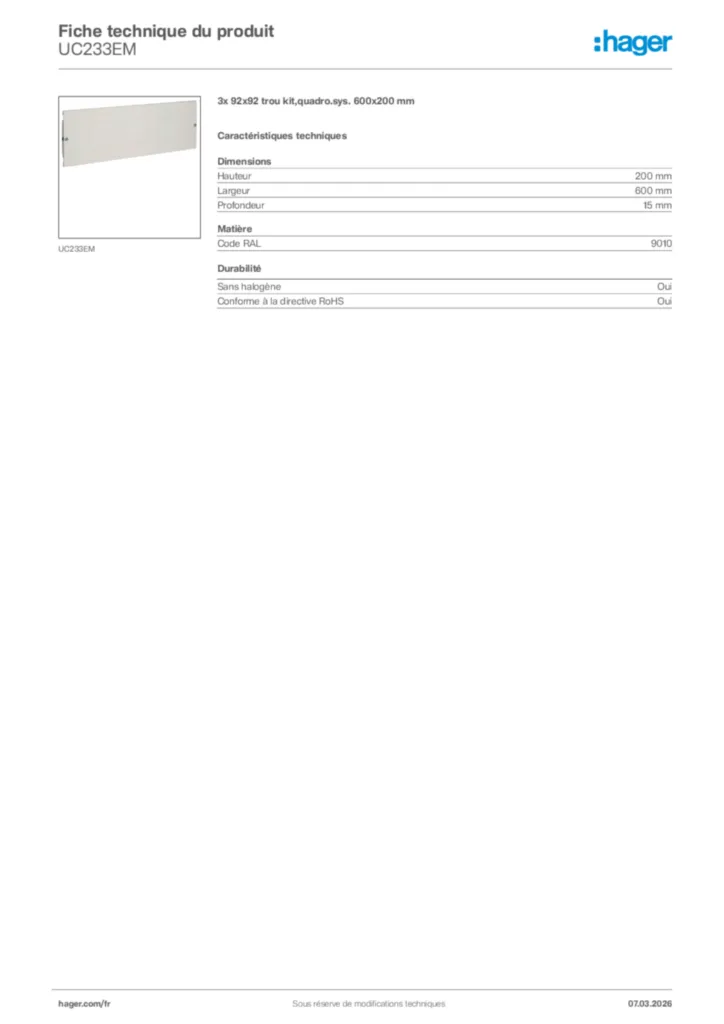 Image Hager Fiche technique du produit UC233EM | Hager France