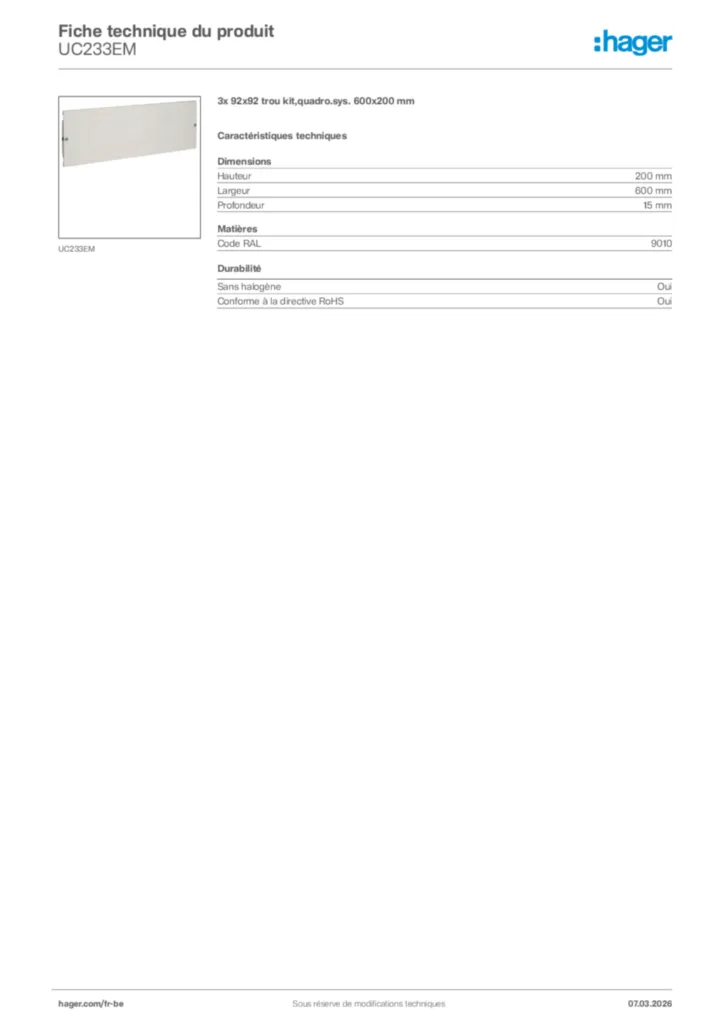 Image Hager Fiche technique du produit UC233EM | Hager Belgique