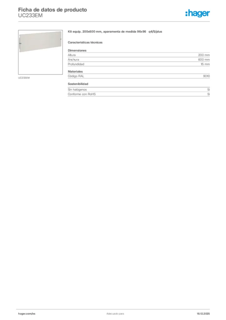Imagen Hager Ficha de datos de producto UC233EM | Hager España