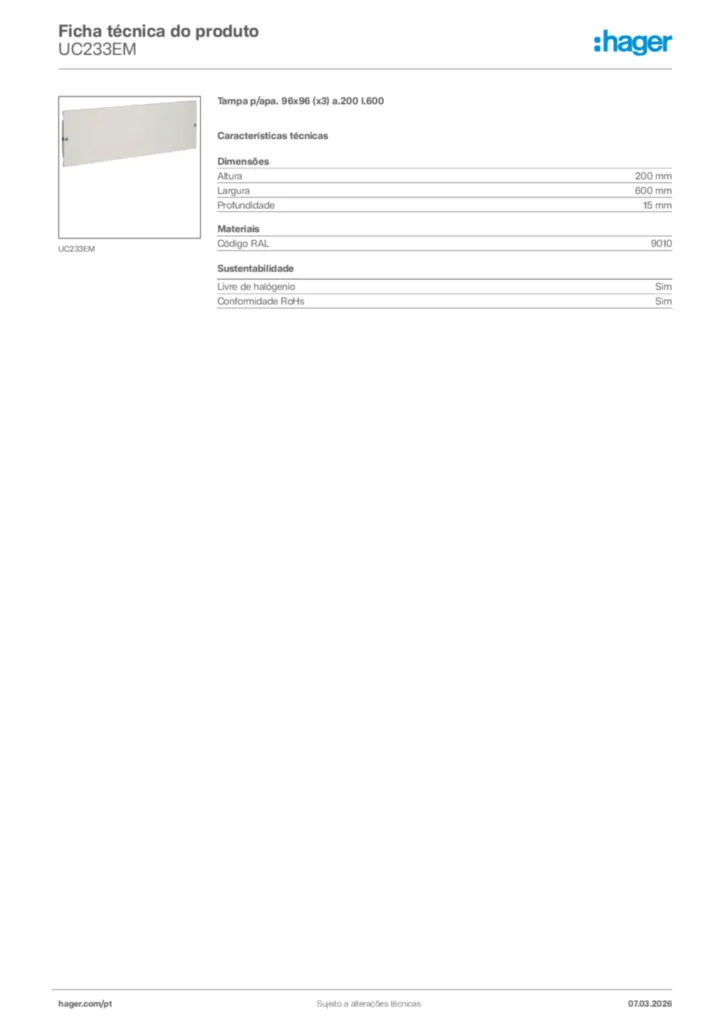 Imagem Hager Ficha técnica do produto UC233EM | Hager Portugal