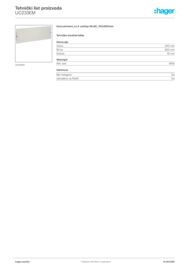Slika Hager Product data sheet UC233EM  | Hager