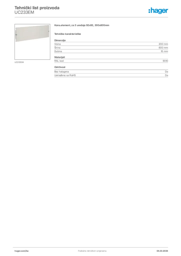 Slika Hager Tehnički list proizvoda UC233EM  | Hager