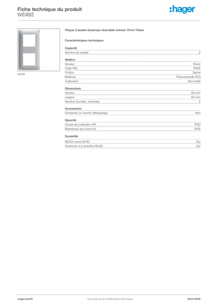 Image Hager Fiche technique du produit WE492 | Hager France