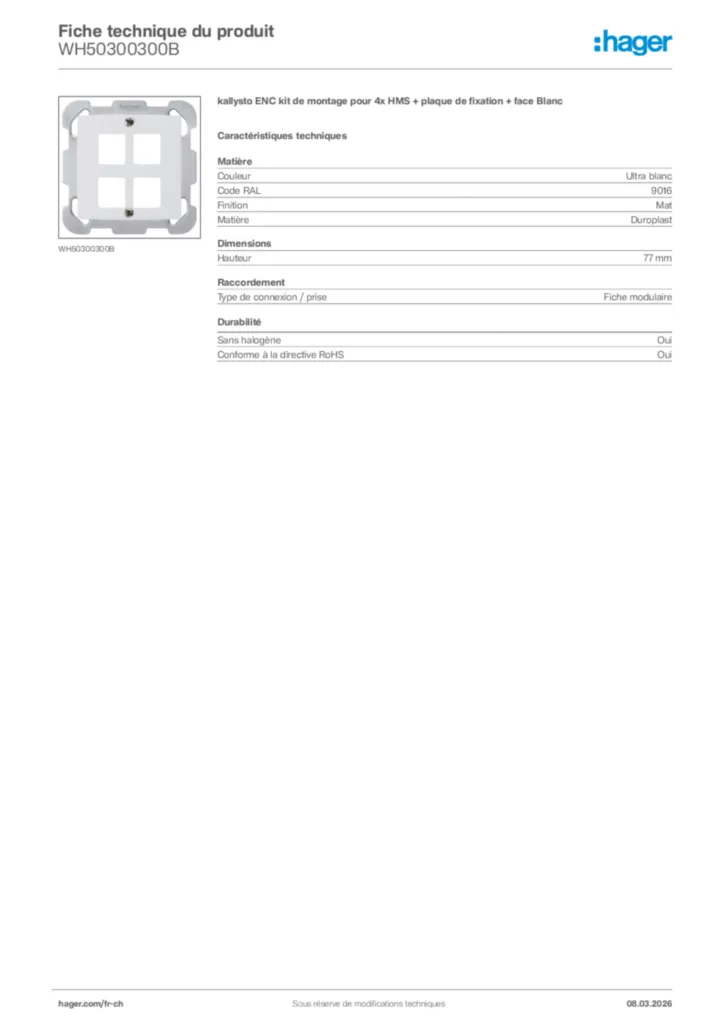 Image Hager Fiche technique du produit WH50300300B | Hager Suisse