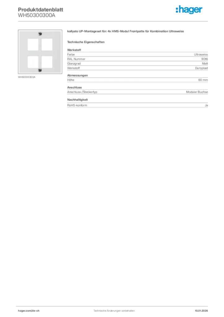 Bild Hager Produktdatenblatt WH50300300A | Hager Schweiz