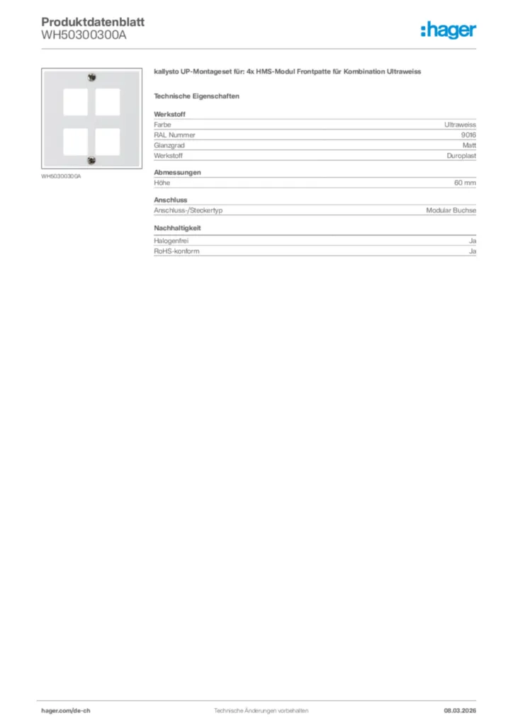 Bild Hager Produktdatenblatt WH50300300A | Hager Schweiz