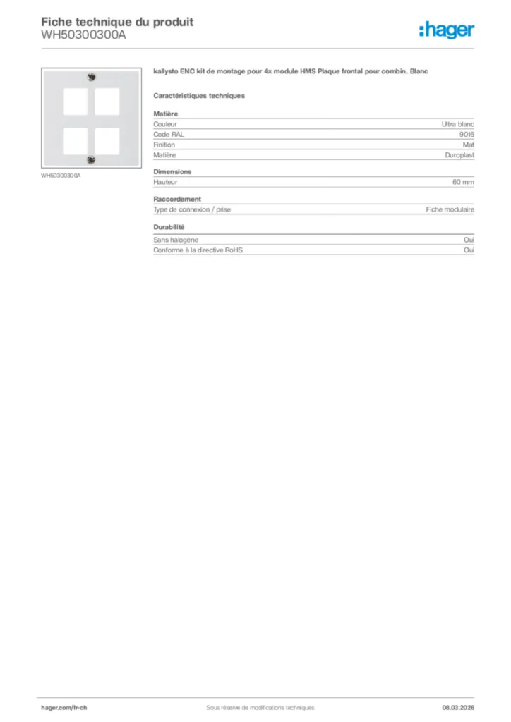 Image Hager Fiche technique du produit WH50300300A | Hager Suisse