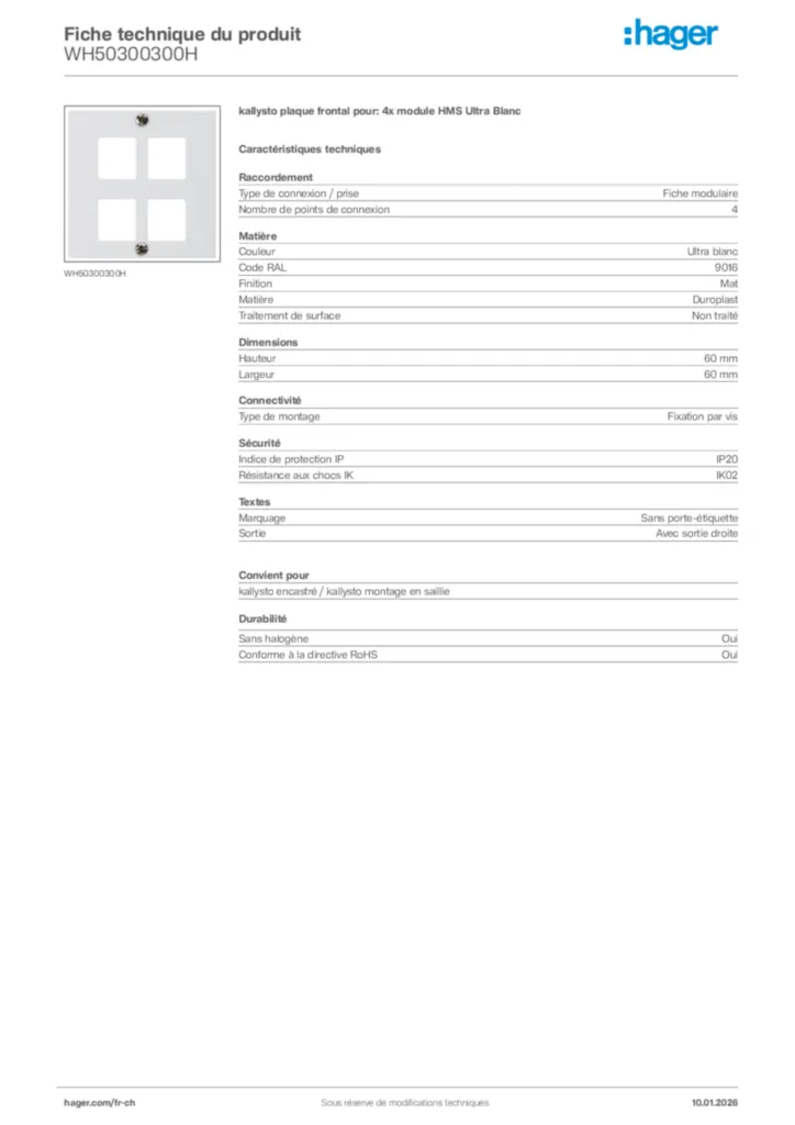 Image Hager Fiche technique du produit WH50300300H | Hager Suisse
