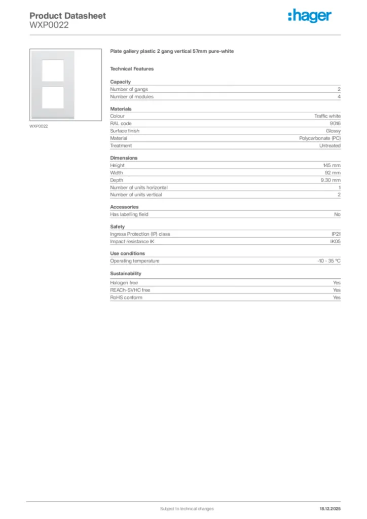 Image Hager Product data sheet WXP0022  | Hager Africa