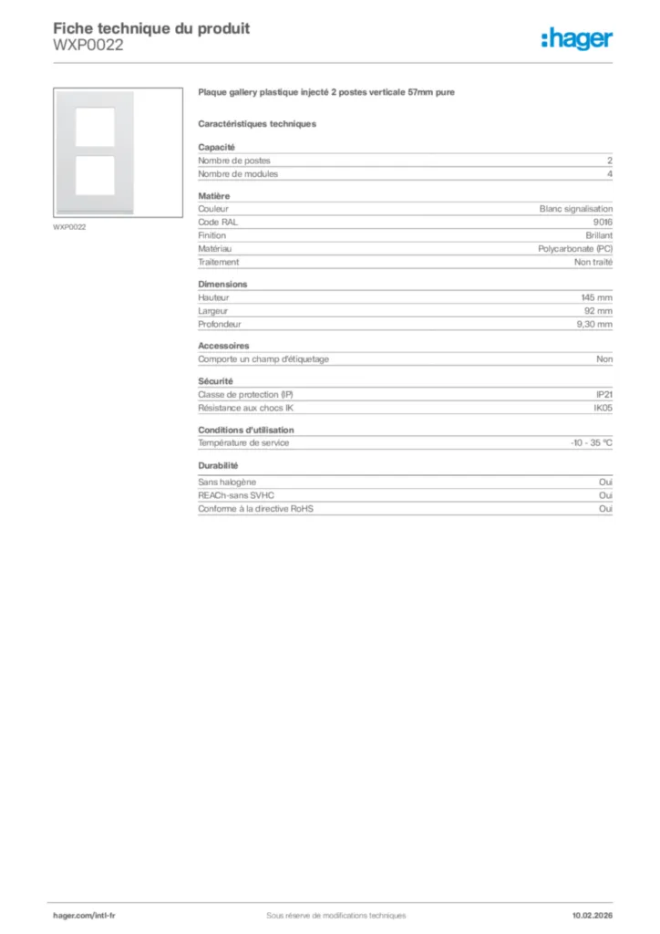 Image Hager Fiche technique du produit WXP0022 | Hager Afrique