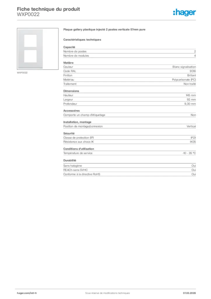 Image Hager Fiche technique du produit WXP0022 | Hager Afrique