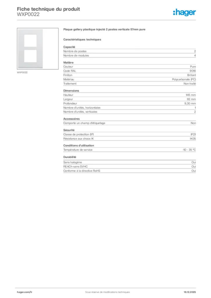 Image Hager Fiche technique du produit WXP0022 | Hager France
