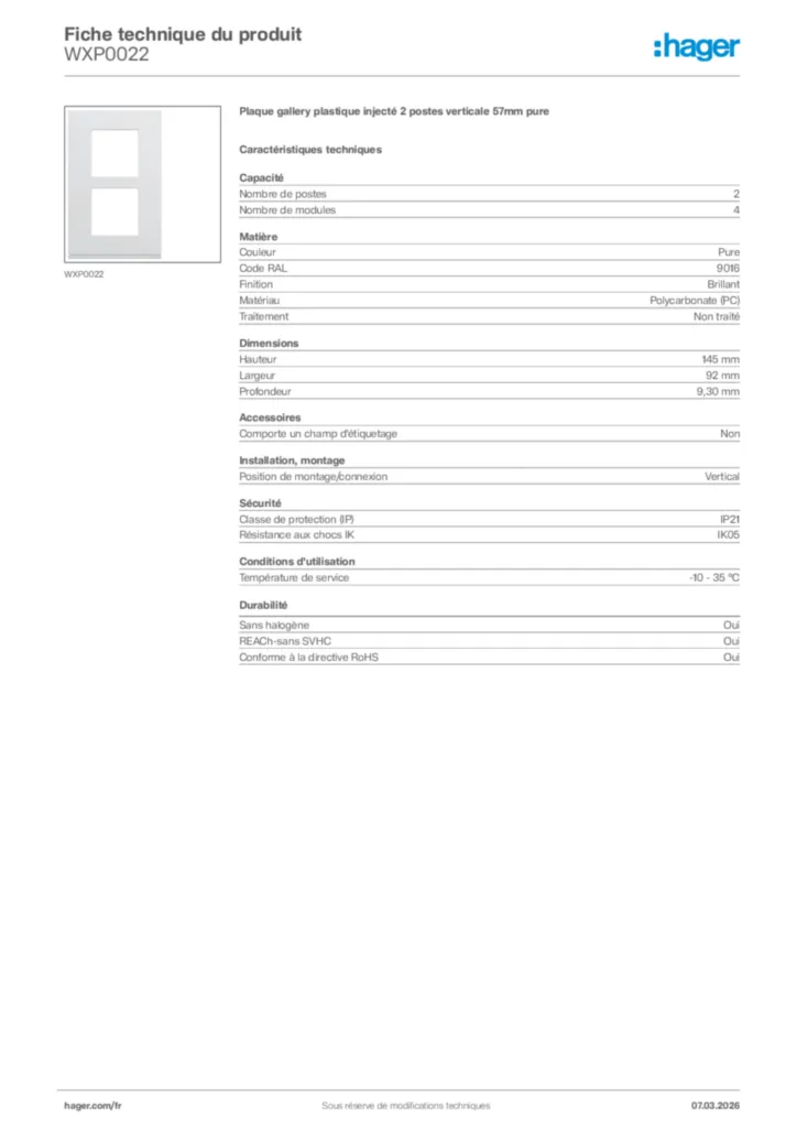 Image Hager Fiche technique du produit WXP0022 | Hager France