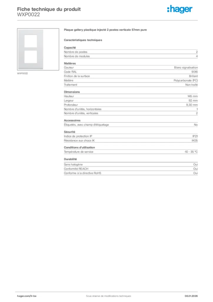 Image Hager Fiche technique du produit WXP0022 | Hager Belgique