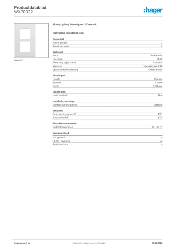 Afbeelding Hager Productdatablad WXP0022 | Hager Belgium