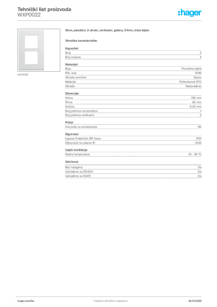 Slika Hager Product data sheet WXP0022  | Hager