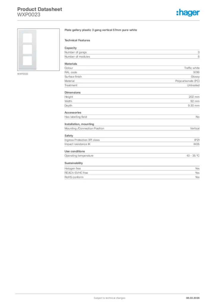 Image Hager Product data sheet WXP0023  | Hager Africa