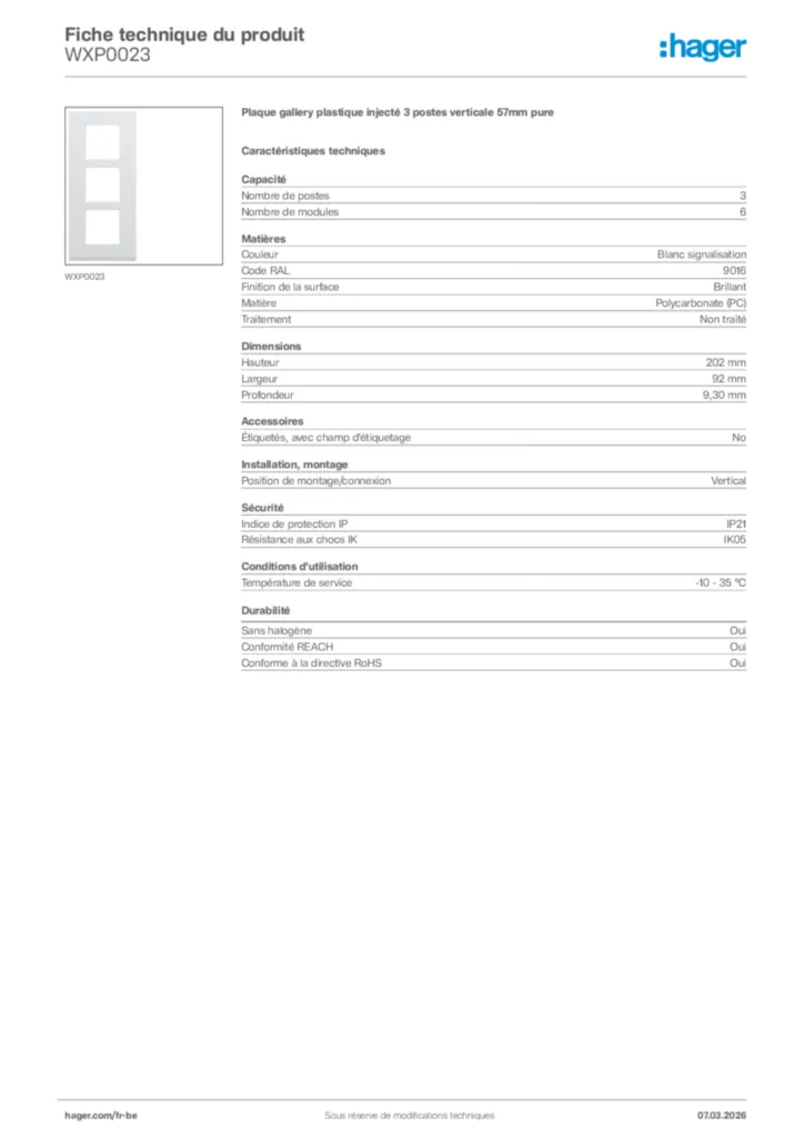 Image Hager Fiche technique du produit WXP0023 | Hager Belgique