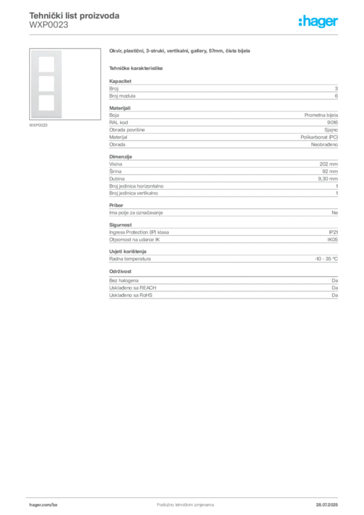 Slika Hager Product data sheet WXP0023  | Hager
