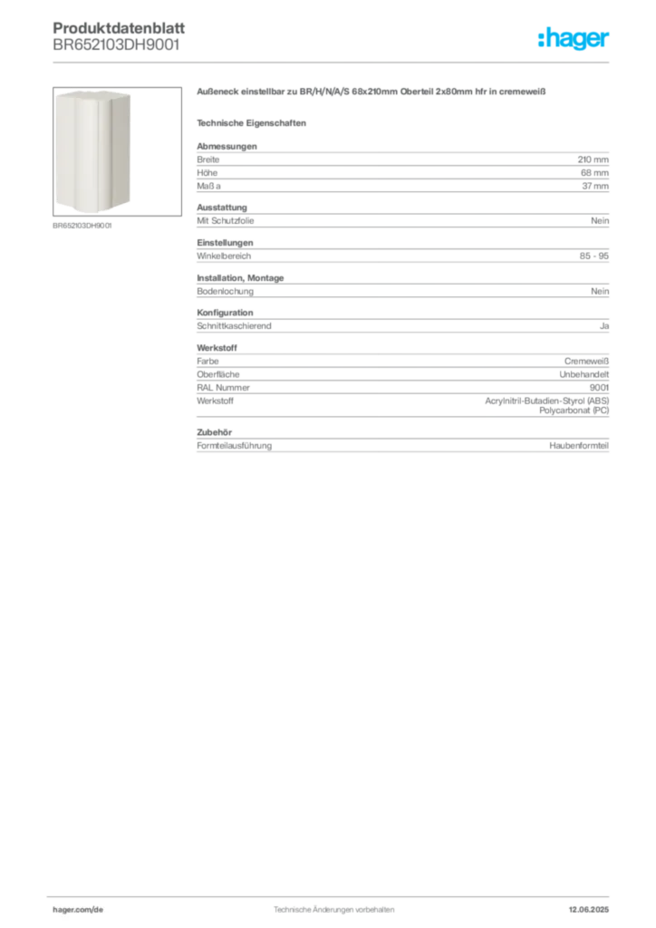 Bild Hager Produktdatenblatt BR652103DH9001 | Hager Deutschland