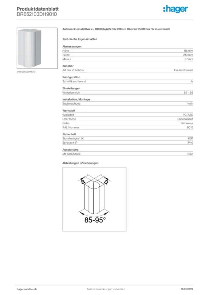 Bild Hager Produktdatenblatt BR652103DH9010 | Hager Schweiz