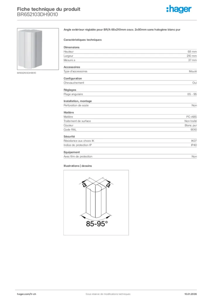 Image Hager Fiche technique du produit BR652103DH9010 | Hager Suisse