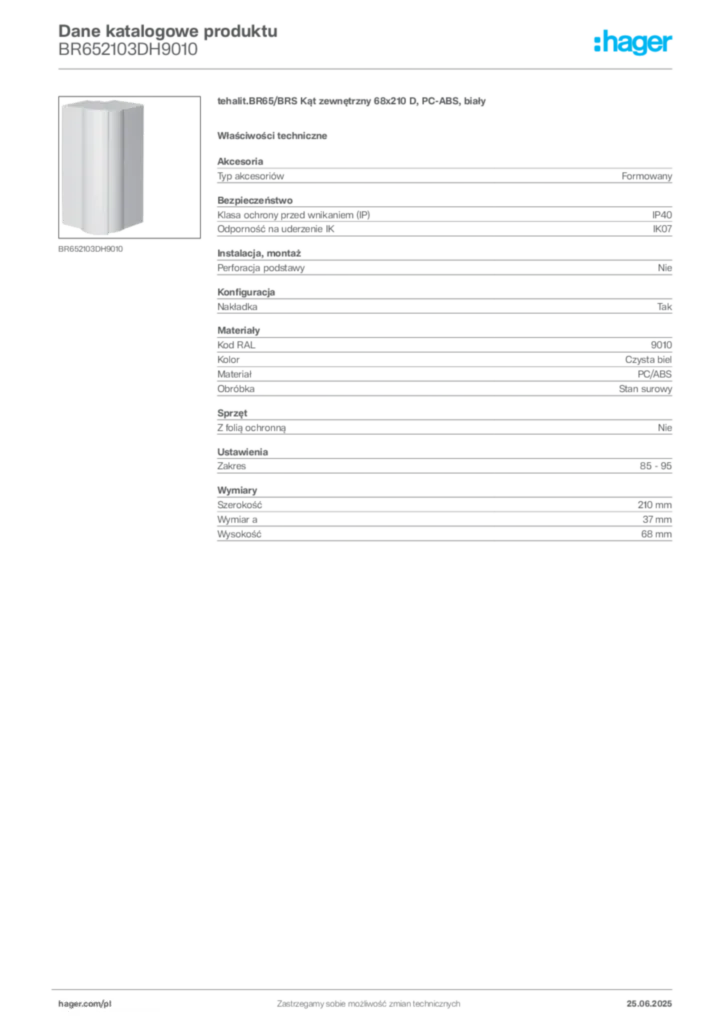 Zdjęcie Hager Karta katalogowa BR652103DH9010 | Hager Polska