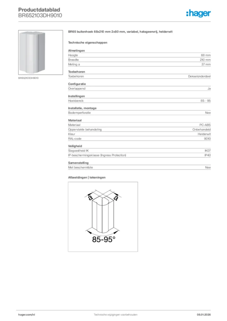 Afbeelding Hager Productdatablad BR652103DH9010 | Hager Nederland