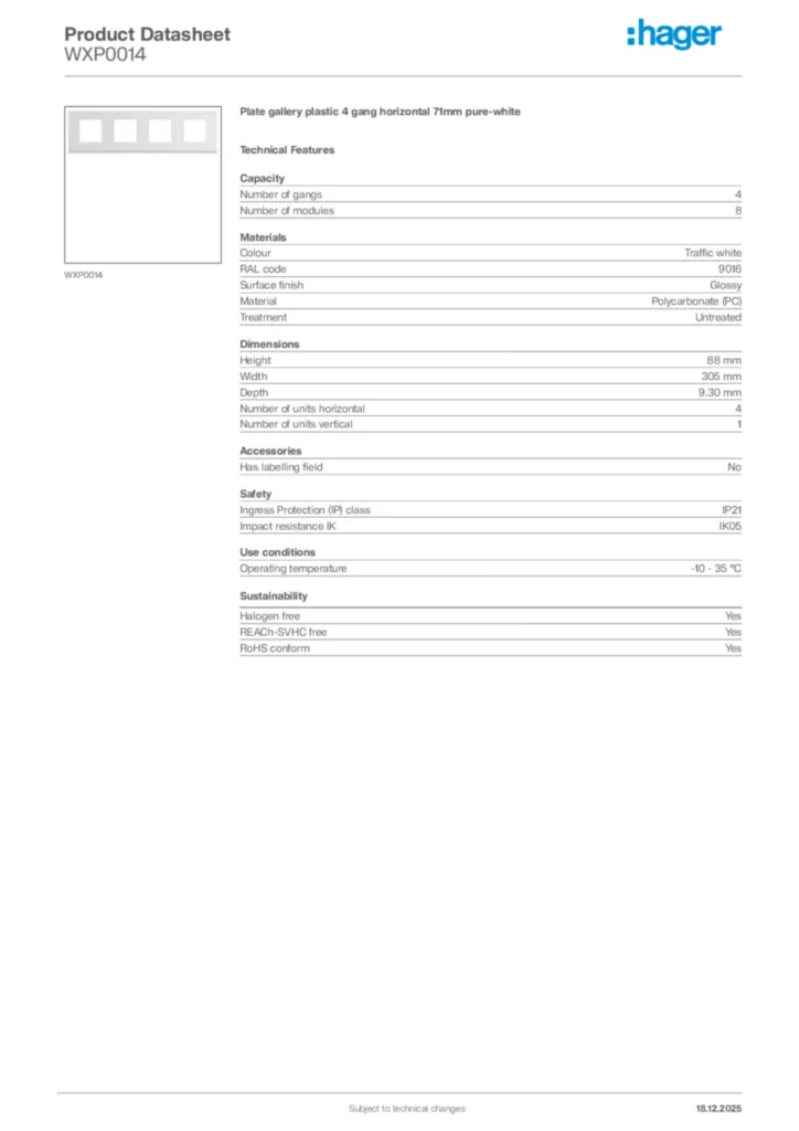 Image Hager Product data sheet WXP0014  | Hager Africa