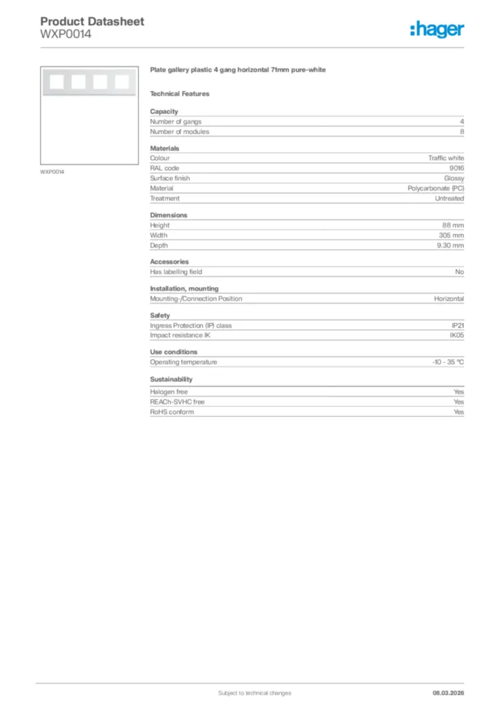Image Hager Product data sheet WXP0014  | Hager Africa