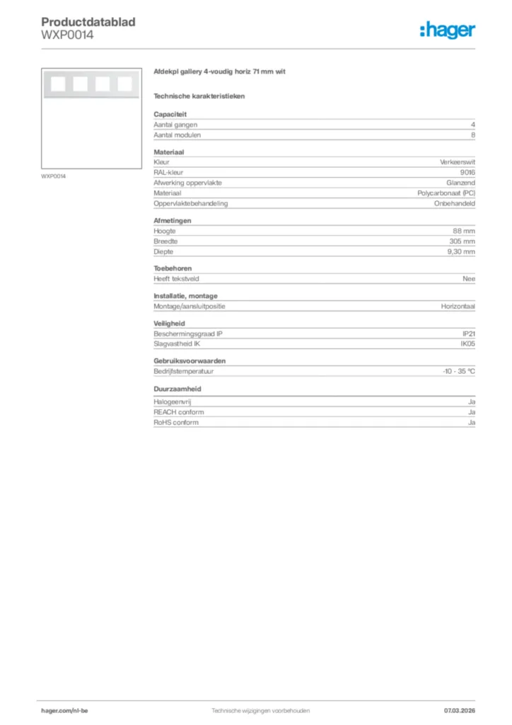 Afbeelding Hager Productdatablad WXP0014 | Hager Belgium