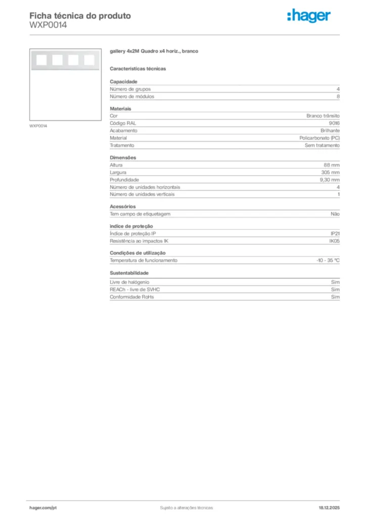 Imagem Hager Ficha técnica do produto WXP0014 | Hager Portugal