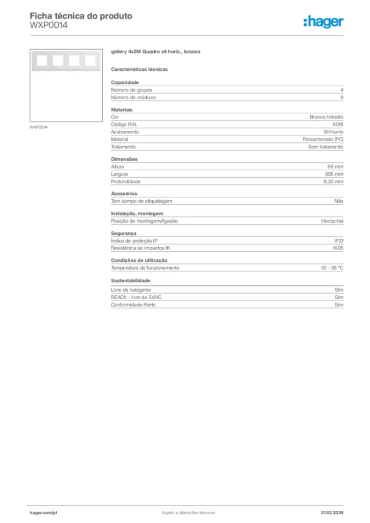 Imagem Hager Ficha técnica do produto WXP0014 | Hager Portugal