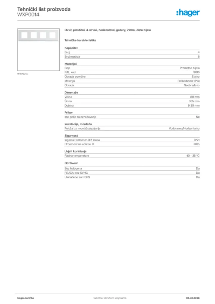 Slika Hager Tehnički list proizvoda WXP0014  | Hager