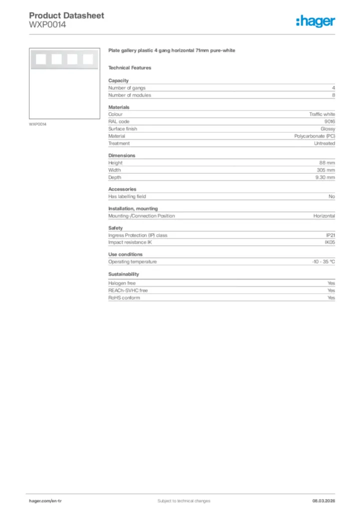 Image Hager Product data sheet WXP0014  | Hager