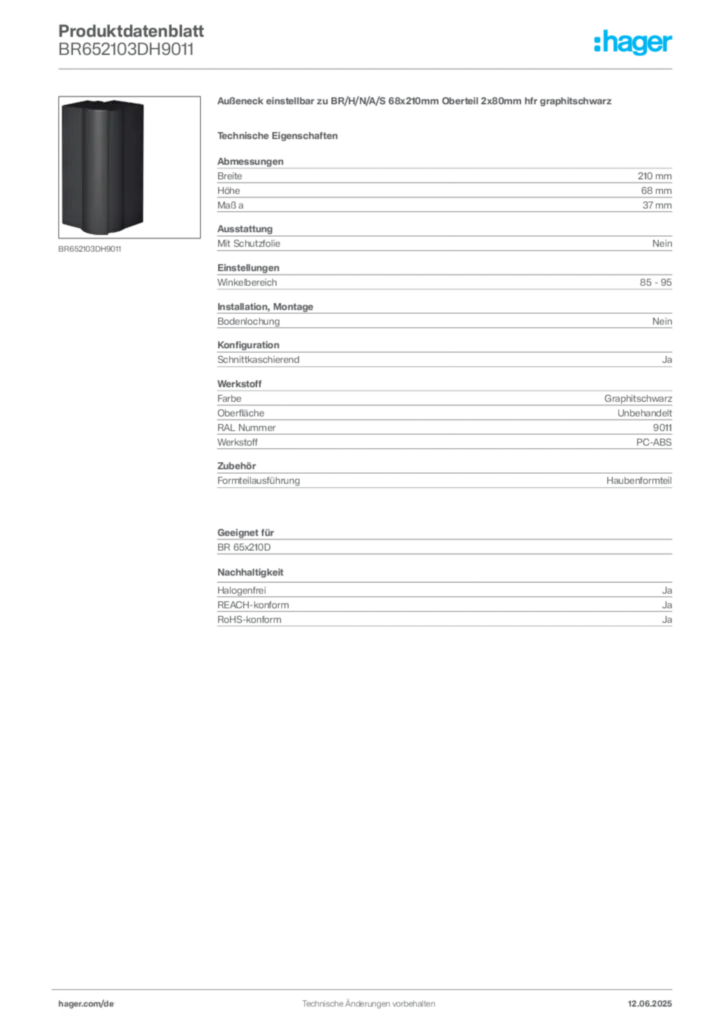 Bild Hager Produktdatenblatt BR652103DH9011 | Hager Deutschland