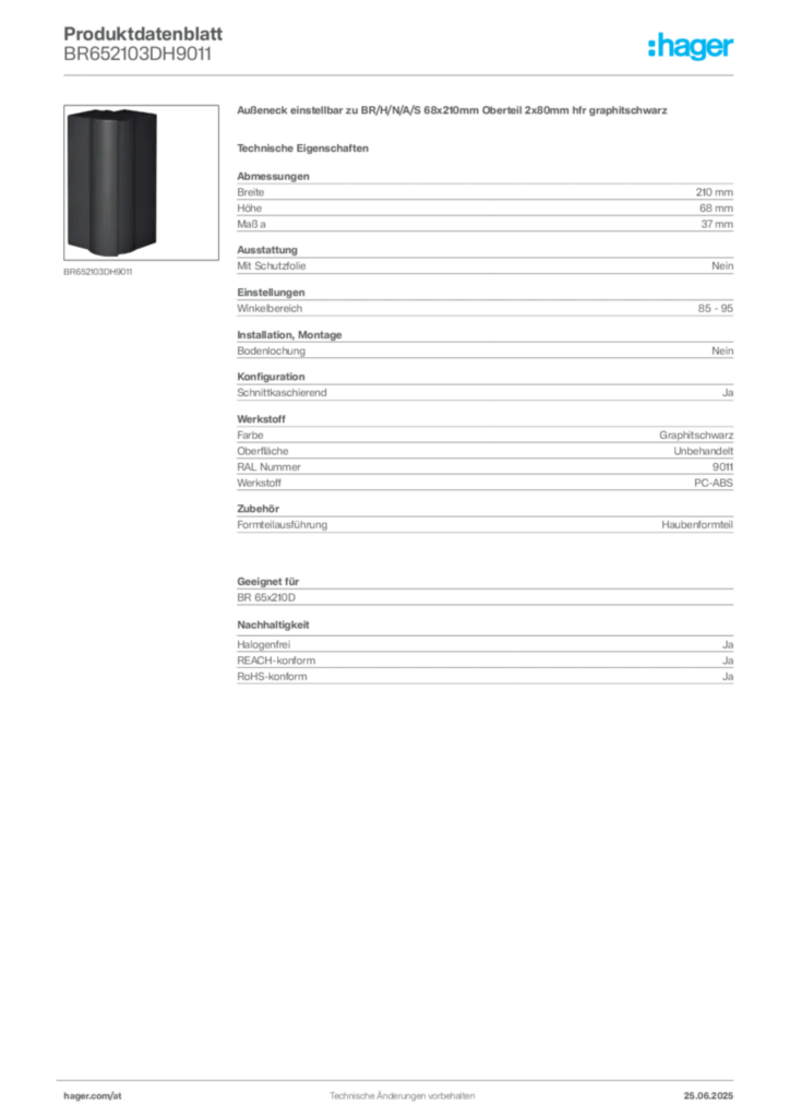 Bild Hager Produktdatenblatt BR652103DH9011 | Hager Deutschland