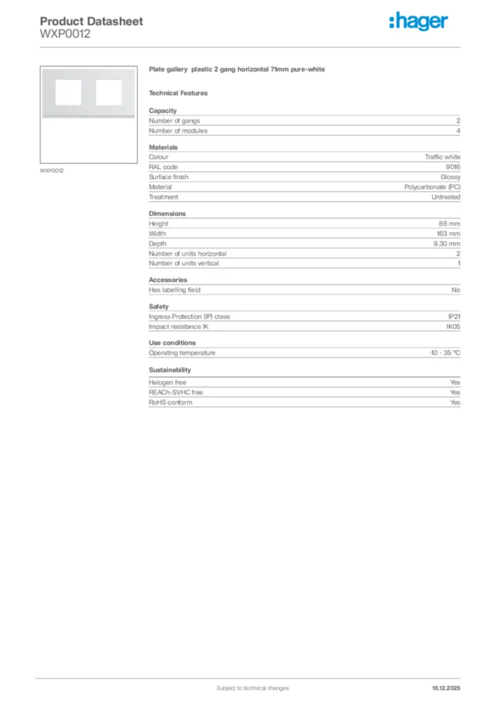 Image Hager Product data sheet WXP0012  | Hager Africa